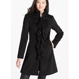 Tahari Wool Coat Kendra Ruffle Black Size 6